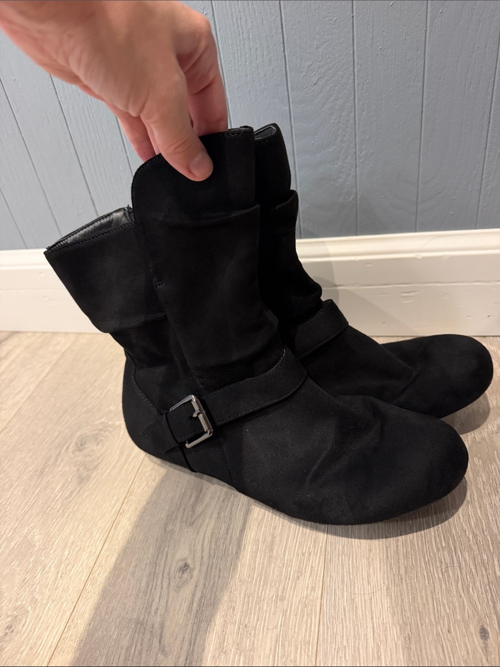 Black Suede Buckle Boots - Women's